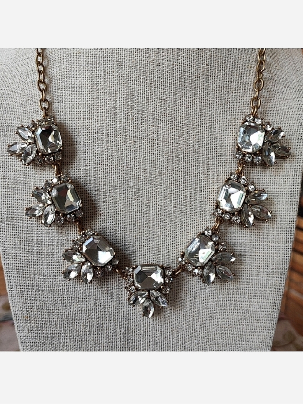 Art Deco Marquis Emerald Cut Blazing Clear Stones Antique Gold J. Crew Necklace